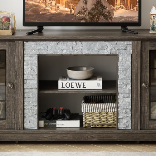 48 - TV STAND #9 - 58" Modern TV Stand with 2-Door Storage, Faux Stone Media Console Cabinet, Grey Large Entertainment Center for Living Room