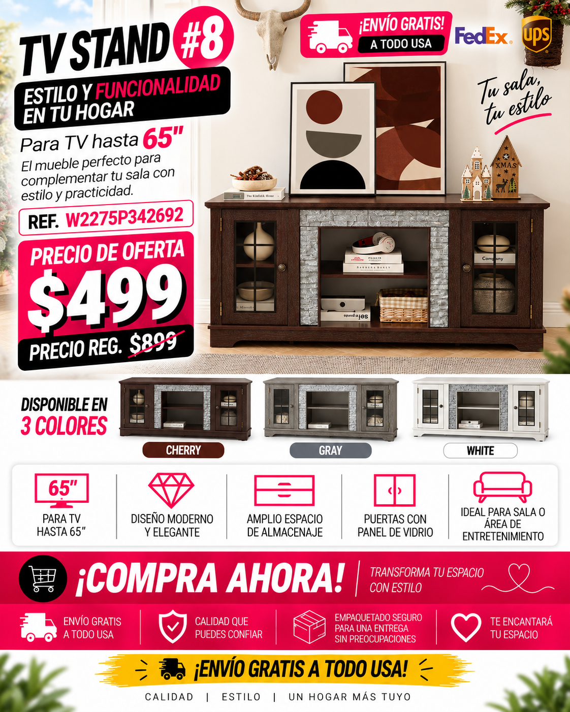 48 - TV STAND #8 - 58" Modern TV Stand with 2-Door Storage, Faux Stone Media Console Cabinet, Cherry Large Entertainment Center for Living Room