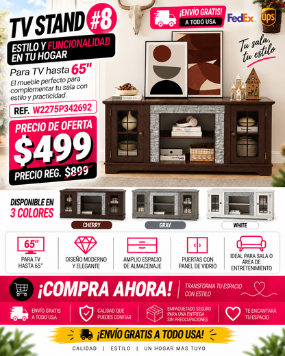 48 - TV STAND #8 - 58" Modern TV Stand with 2-Door Storage, Faux Stone Media Console Cabinet, Cherry Large Entertainment Center for Living Room
