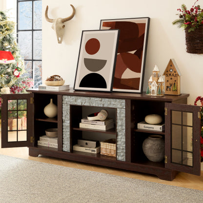 48 - TV STAND #12 - 70" Modern TV Stand with 2-Door Storage, Faux Stone Media Console Cabinet, Cherry Large Entertainment Center for Living Room
