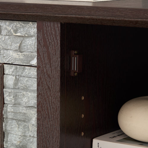 48 - TV STAND #12 - 70" Modern TV Stand with 2-Door Storage, Faux Stone Media Console Cabinet, Cherry Large Entertainment Center for Living Room