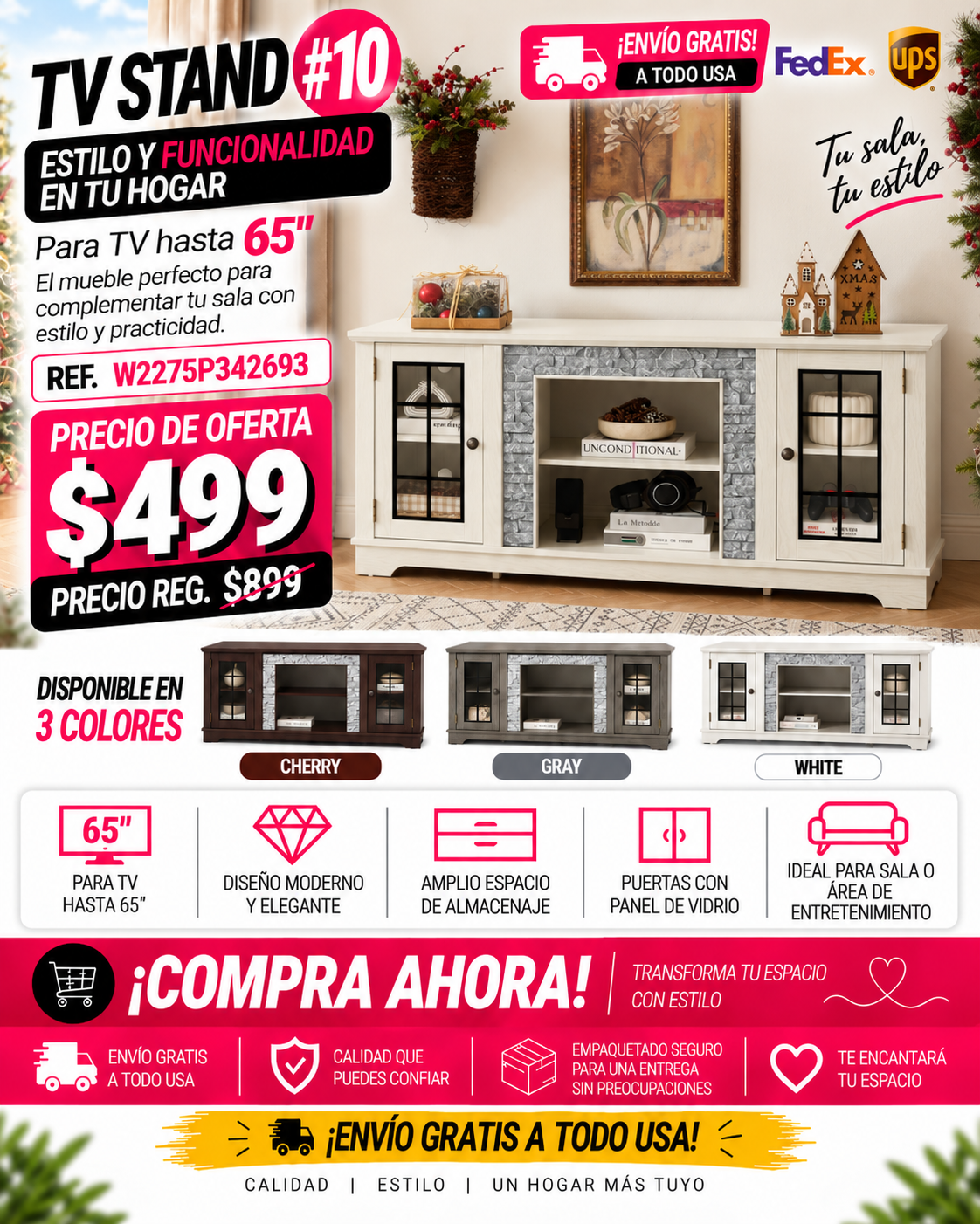 48 - TV STAND #10 - 58" Modern TV Stand with 2-Door Storage, Faux Stone Media Console Cabinet, White Large Entertainment Center for Living Room