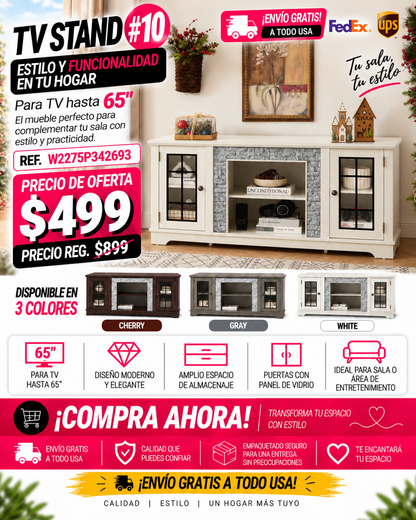 48 - TV STAND #10 - 58" Modern TV Stand with 2-Door Storage, Faux Stone Media Console Cabinet, White Large Entertainment Center for Living Room