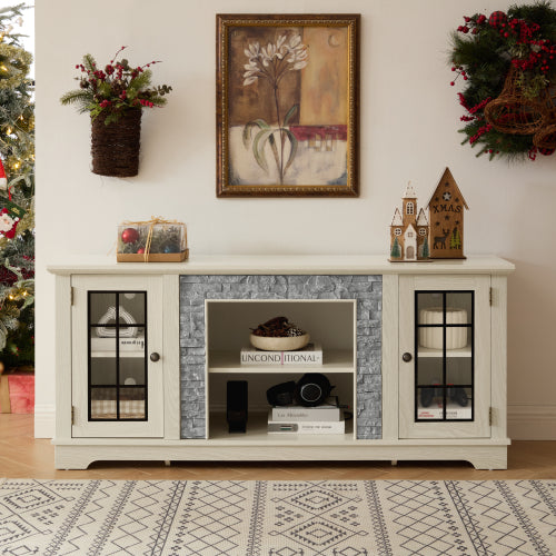 48 - TV STAND #10 - 58" Modern TV Stand with 2-Door Storage, Faux Stone Media Console Cabinet, White Large Entertainment Center for Living Room