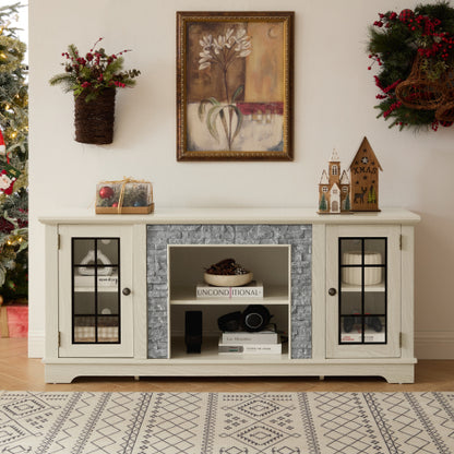 48 - TV STAND #10 - 58" Modern TV Stand with 2-Door Storage, Faux Stone Media Console Cabinet, White Large Entertainment Center for Living Room