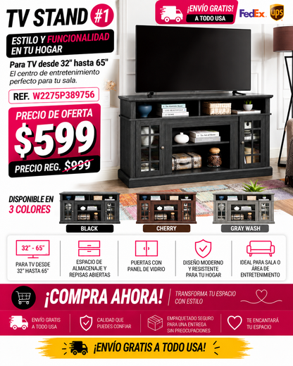 48 - TV STAND #1 - Classic TV Media Stand Modern Entertainment Console for TV Up to 65" with Open and Closed Storage Space, Dark Walnut/Black, 58.25"W*15.75"D*32"H