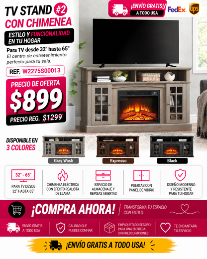 48-TV STAND CON CHIMENEA #2  - Classic TV Media Stand Modern Entertainment Console with 23" Fireplace Inset for TV Up to 65" with Open and Closed Storage Space, Gray Wash, 58.25"W*15.75"D*32"H