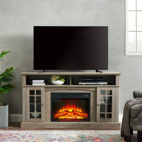 48 - TV STAND CON CHIMENEA #1 - Classic TV Media Stand Modern Entertainment Console with 23" Fireplace Insert for TV Up to 65" with Open and Closed Storage Space, Dark Walnut/Black, 58.25"W*15.75"D*32"H