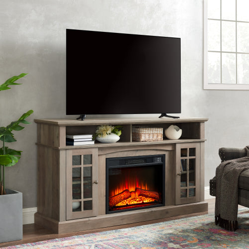 48 - TV STAND CON CHIMENEA #1 - Classic TV Media Stand Modern Entertainment Console with 23" Fireplace Insert for TV Up to 65" with Open and Closed Storage Space, Dark Walnut/Black, 58.25"W*15.75"D*32"H