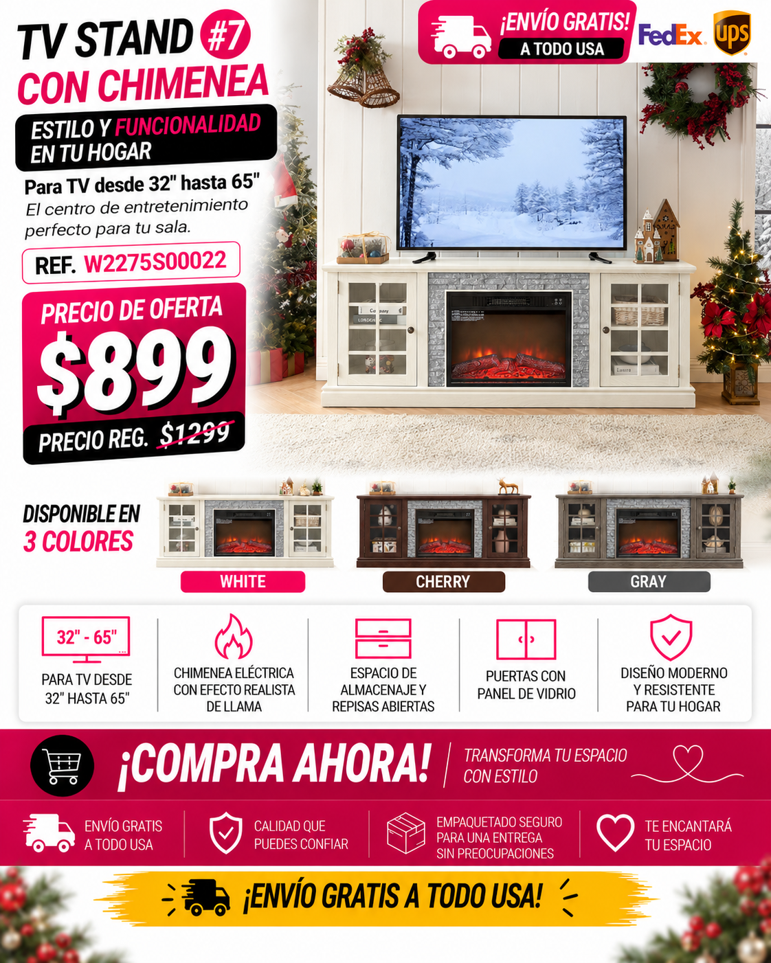 48 - TV STAND CON CHIMENEA #7 - 70" Modern TV Stand with 2-Door Storage & 23" Electric Fireplace, Faux Stone Media Console Cabinet, White Large Entertainment Center for Living Room