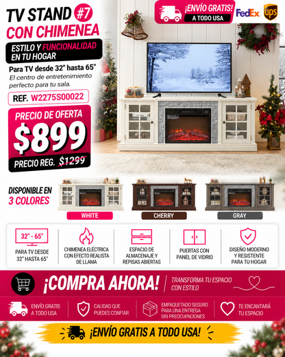 48 - TV STAND CON CHIMENEA #7 - 70" Modern TV Stand with 2-Door Storage & 23" Electric Fireplace, Faux Stone Media Console Cabinet, White Large Entertainment Center for Living Room