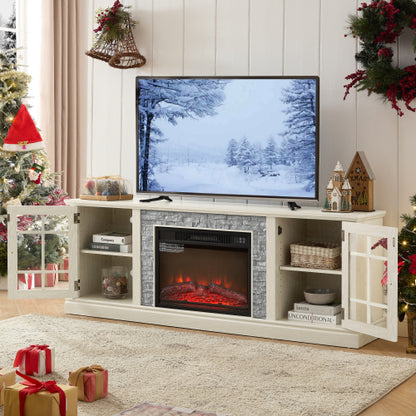 48 - TV STAND CON CHIMENEA #7 - 70" Modern TV Stand with 2-Door Storage & 23" Electric Fireplace, Faux Stone Media Console Cabinet, White Large Entertainment Center for Living Room