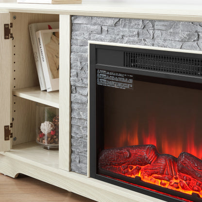 48 - TV STAND CON CHIMENEA #7 - 70" Modern TV Stand with 2-Door Storage & 23" Electric Fireplace, Faux Stone Media Console Cabinet, White Large Entertainment Center for Living Room