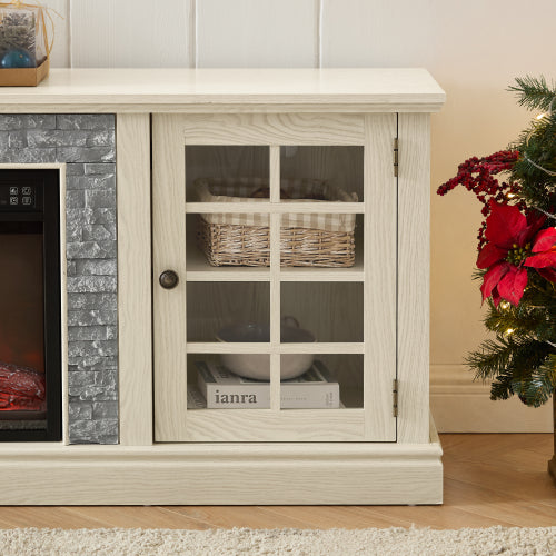 48 - TV STAND CON CHIMENEA #7 - 70" Modern TV Stand with 2-Door Storage & 23" Electric Fireplace, Faux Stone Media Console Cabinet, White Large Entertainment Center for Living Room
