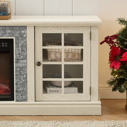 48 - TV STAND CON CHIMENEA #7 - 70" Modern TV Stand with 2-Door Storage & 23" Electric Fireplace, Faux Stone Media Console Cabinet, White Large Entertainment Center for Living Room