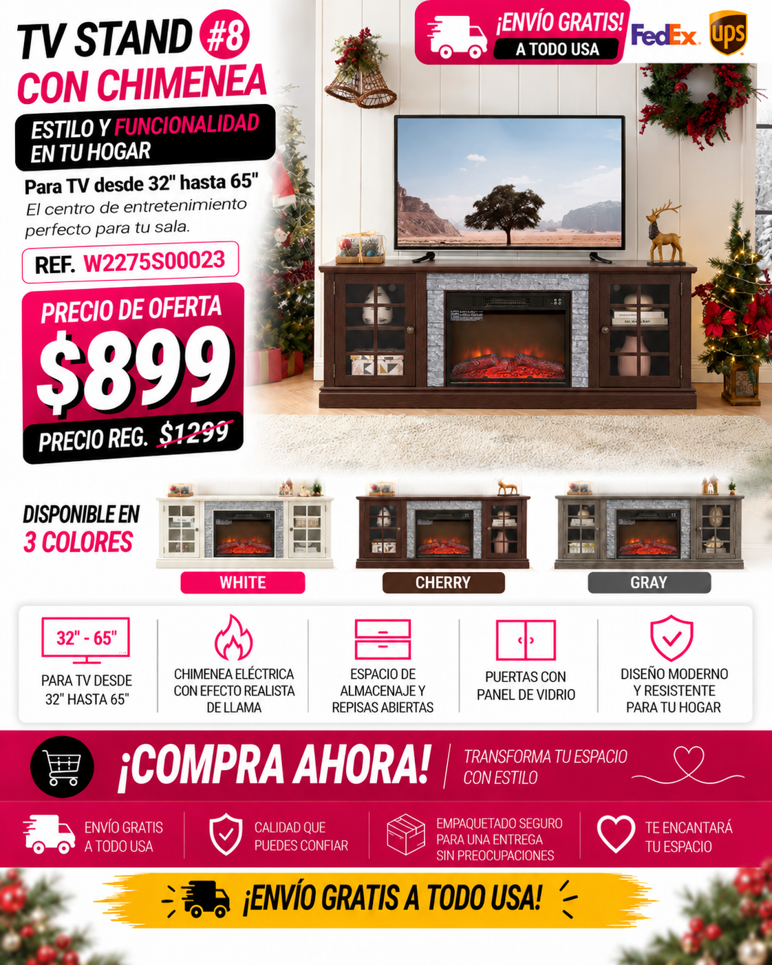 48 - TV STAND CON CHIMENEA #8 - 70" Modern TV Stand with 2-Door Storage & 23" Electric Fireplace, Faux Stone Media Console Cabinet, Cherry Large Entertainment Center for Living Room