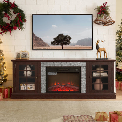 48 - TV STAND CON CHIMENEA #8 - 70" Modern TV Stand with 2-Door Storage & 23" Electric Fireplace, Faux Stone Media Console Cabinet, Cherry Large Entertainment Center for Living Room