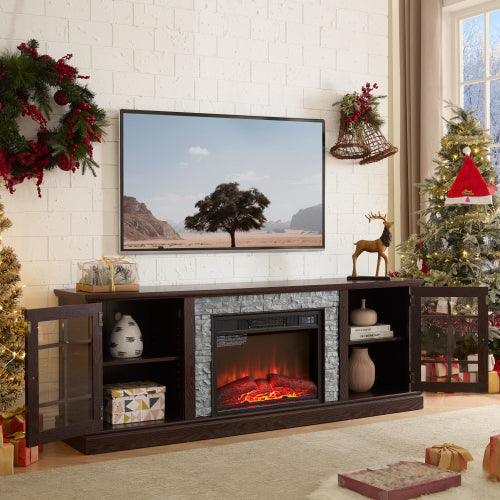 48 - TV STAND CON CHIMENEA #8 - 70" Modern TV Stand with 2-Door Storage & 23" Electric Fireplace, Faux Stone Media Console Cabinet, Cherry Large Entertainment Center for Living Room