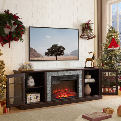 48 - TV STAND CON CHIMENEA #8 - 70" Modern TV Stand with 2-Door Storage & 23" Electric Fireplace, Faux Stone Media Console Cabinet, Cherry Large Entertainment Center for Living Room
