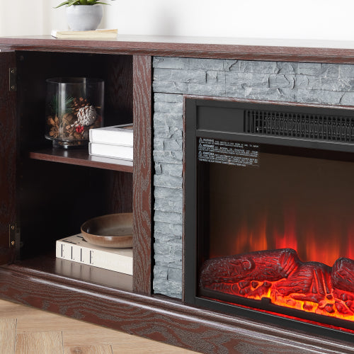 48 - TV STAND CON CHIMENEA #8 - 70" Modern TV Stand with 2-Door Storage & 23" Electric Fireplace, Faux Stone Media Console Cabinet, Cherry Large Entertainment Center for Living Room