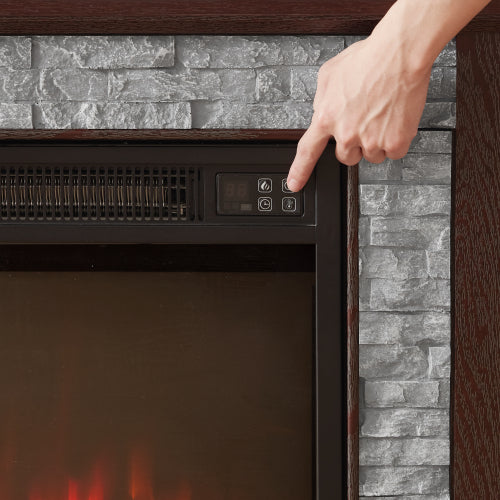 48 - TV STAND CON CHIMENEA #8 - 70" Modern TV Stand with 2-Door Storage & 23" Electric Fireplace, Faux Stone Media Console Cabinet, Cherry Large Entertainment Center for Living Room