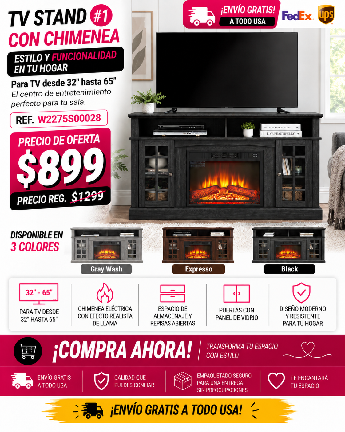 48 - TV STAND CON CHIMENEA #1 - Classic TV Media Stand Modern Entertainment Console with 23" Fireplace Insert for TV Up to 65" with Open and Closed Storage Space, Dark Walnut/Black, 58.25"W*15.75"D*32"H