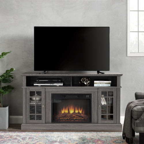48 - TV STAND CON CHIMENEA #1 - Classic TV Media Stand Modern Entertainment Console with 23" Fireplace Insert for TV Up to 65" with Open and Closed Storage Space, Dark Walnut/Black, 58.25"W*15.75"D*32"H