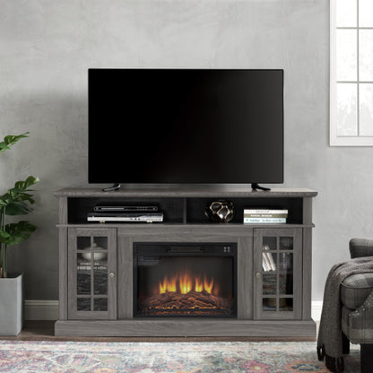 48 - TV STAND CON CHIMENEA #1 - Classic TV Media Stand Modern Entertainment Console with 23" Fireplace Insert for TV Up to 65" with Open and Closed Storage Space, Dark Walnut/Black, 58.25"W*15.75"D*32"H