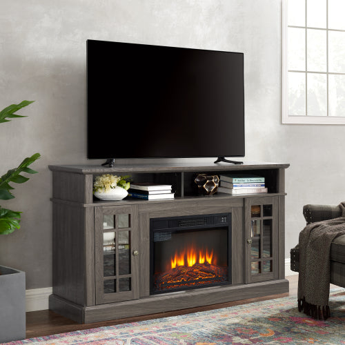 48 - TV STAND CON CHIMENEA #1 - Classic TV Media Stand Modern Entertainment Console with 23" Fireplace Insert for TV Up to 65" with Open and Closed Storage Space, Dark Walnut/Black, 58.25"W*15.75"D*32"H