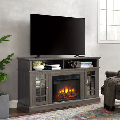 48 - TV STAND CON CHIMENEA #1 - Classic TV Media Stand Modern Entertainment Console with 23" Fireplace Insert for TV Up to 65" with Open and Closed Storage Space, Dark Walnut/Black, 58.25"W*15.75"D*32"H