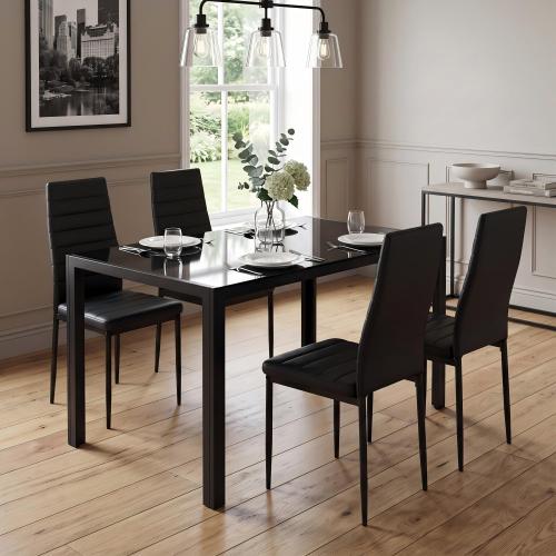 COMEDOR #5-5 Pieces Dining Table Set for 4,Kitchen Room Tempered Glass Dining Table ,4 Faux Leather Chairs ,Black