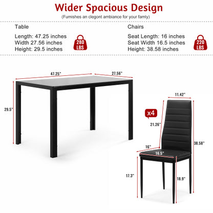 COMEDOR #5-5 Pieces Dining Table Set for 4,Kitchen Room Tempered Glass Dining Table ,4 Faux Leather Chairs ,Black