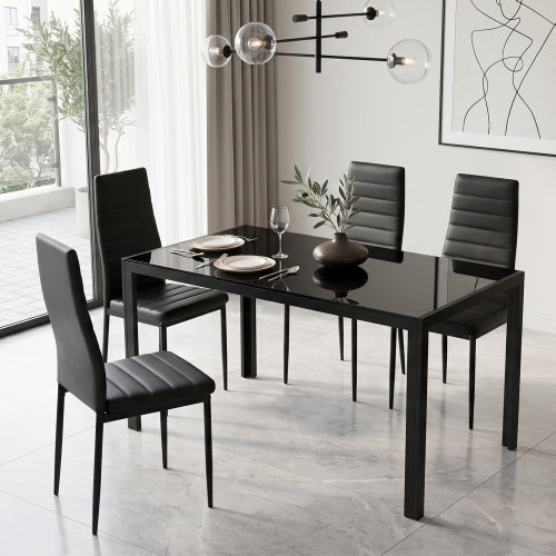 COMEDOR #5-5 Pieces Dining Table Set for 4,Kitchen Room Tempered Glass Dining Table ,4 Faux Leather Chairs ,Black