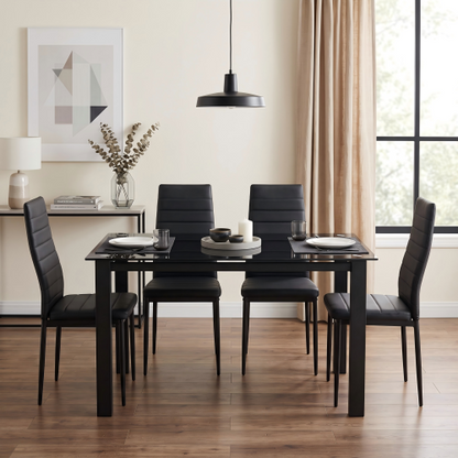 COMEDOR #8-52"Tempered Glass Dining Table Set for 4,1 Table 4 Chairs with PU Leather Upholstered Seating, Easy-to-Clean Scratch-Resistant Glass Top, Sturdy Metal Frame Kitchen Table Combo