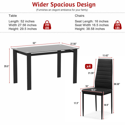 COMEDOR #8-52"Tempered Glass Dining Table Set for 4,1 Table 4 Chairs with PU Leather Upholstered Seating, Easy-to-Clean Scratch-Resistant Glass Top, Sturdy Metal Frame Kitchen Table Combo