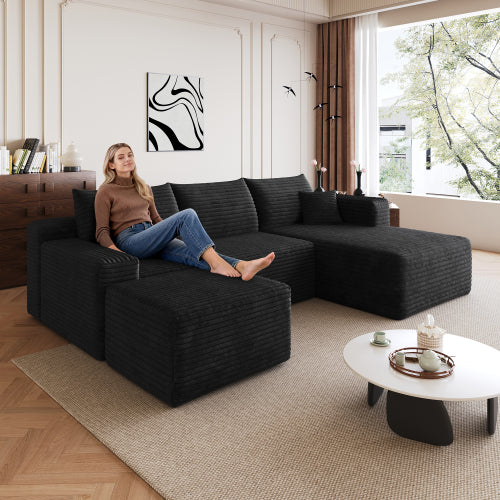 SALA NEGRAS #3 95" Cloud Sectional Sofa with 1 Ottoman,Modern Minimalist Upholstered Couches, Comfort U Shaped Sofa for Living Room,Deep Seat Corner Couch,No Assembly Required,Black (Plush Corduroy Fabric)