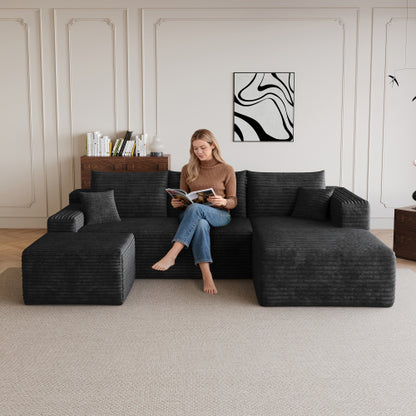 SALA NEGRAS #3 95" Cloud Sectional Sofa with 1 Ottoman,Modern Minimalist Upholstered Couches, Comfort U Shaped Sofa for Living Room,Deep Seat Corner Couch,No Assembly Required,Black (Plush Corduroy Fabric)