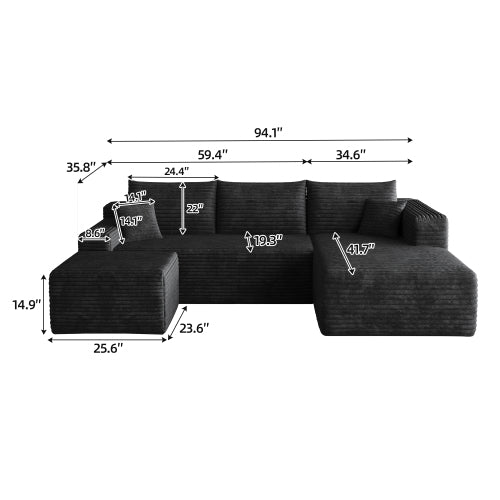 SALA NEGRAS #3 95" Cloud Sectional Sofa with 1 Ottoman,Modern Minimalist Upholstered Couches, Comfort U Shaped Sofa for Living Room,Deep Seat Corner Couch,No Assembly Required,Black (Plush Corduroy Fabric)