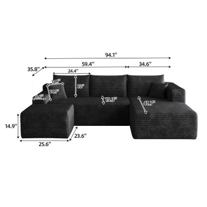SALA NEGRAS #3 95" Cloud Sectional Sofa with 1 Ottoman,Modern Minimalist Upholstered Couches, Comfort U Shaped Sofa for Living Room,Deep Seat Corner Couch,No Assembly Required,Black (Plush Corduroy Fabric)