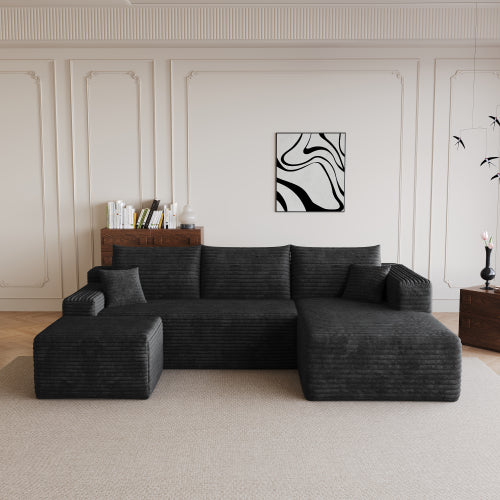SALA NEGRAS #3 95" Cloud Sectional Sofa with 1 Ottoman,Modern Minimalist Upholstered Couches, Comfort U Shaped Sofa for Living Room,Deep Seat Corner Couch,No Assembly Required,Black (Plush Corduroy Fabric)