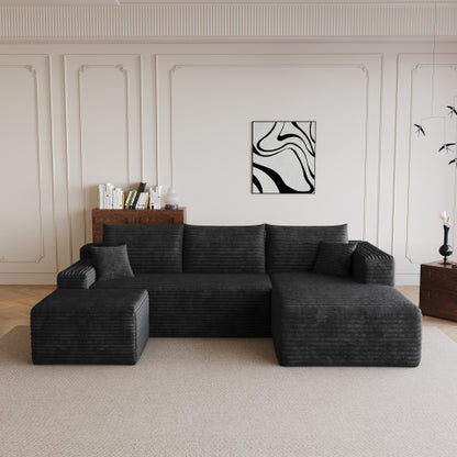 SALA NEGRAS #3 95" Cloud Sectional Sofa with 1 Ottoman,Modern Minimalist Upholstered Couches, Comfort U Shaped Sofa for Living Room,Deep Seat Corner Couch,No Assembly Required,Black (Plush Corduroy Fabric)