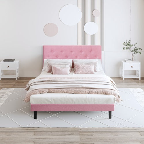 COMBO RECAMARA FULL: CAMA+COLCHON+MESITAS 001 - Full Size Upholstered Platform Bed Frame with Modern Button Tufted Linen Fabric Headboard
