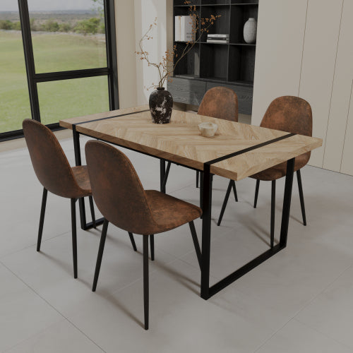 COMEDOR #9-59" MDF light wood dining table and modern dining chair set of 4 pieces, medieval wooden kitchen dining table set, black rectangular metal base, dining table and suede chair set