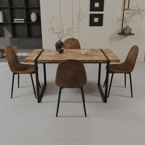 COMEDOR #9-59" MDF light wood dining table and modern dining chair set of 4 pieces, medieval wooden kitchen dining table set, black rectangular metal base, dining table and suede chair set