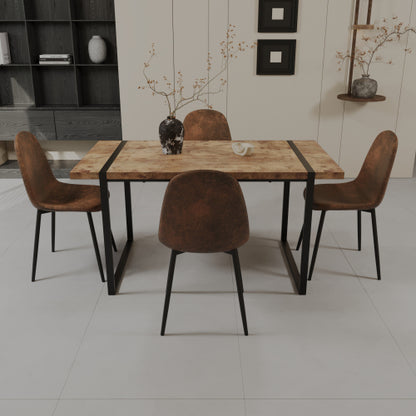 COMEDOR #9-59" MDF light wood dining table and modern dining chair set of 4 pieces, medieval wooden kitchen dining table set, black rectangular metal base, dining table and suede chair set