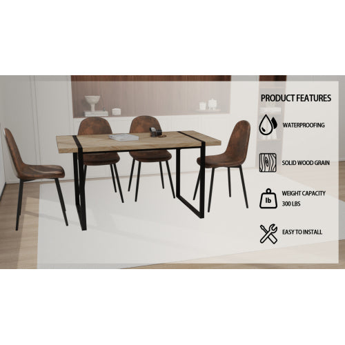 COMEDOR #9-59" MDF light wood dining table and modern dining chair set of 4 pieces, medieval wooden kitchen dining table set, black rectangular metal base, dining table and suede chair set