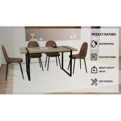 COMEDOR #9-59" MDF light wood dining table and modern dining chair set of 4 pieces, medieval wooden kitchen dining table set, black rectangular metal base, dining table and suede chair set