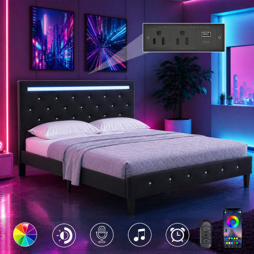 COMBO RECAMARA QUEEN: CAMA+COLCHON+MESITAS 003 - Queen Size Bed Frame with LED Light and Charging Station, Faux Leather Upholstered Platform Bed with Handcrafted Crystal Button Adjustable Headboard