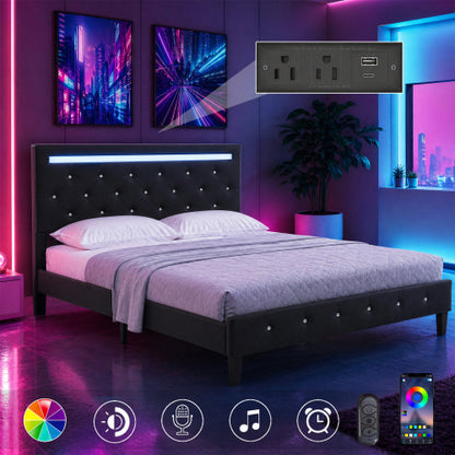 COMBO RECAMARA QUEEN: CAMA+COLCHON+MESITAS 003 - Queen Size Bed Frame with LED Light and Charging Station, Faux Leather Upholstered Platform Bed with Handcrafted Crystal Button Adjustable Headboard