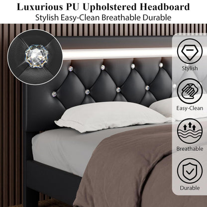 COMBO RECAMARA QUEEN: CAMA+COLCHON+MESITAS 003 - Queen Size Bed Frame with LED Light and Charging Station, Faux Leather Upholstered Platform Bed with Handcrafted Crystal Button Adjustable Headboard